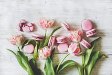 Flat-lay Of Sweet Pink Macaron Cookies And Fresh Spring Tulip Flowers Over White Wooden Background, Top View. Food Texture, Background And Wallpaper