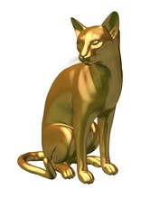 Fantasy Illustration Of A Statue Of A Gold Siamese Cat Sitting Looking To Its Right, 3d Digitally Rendered Illustration