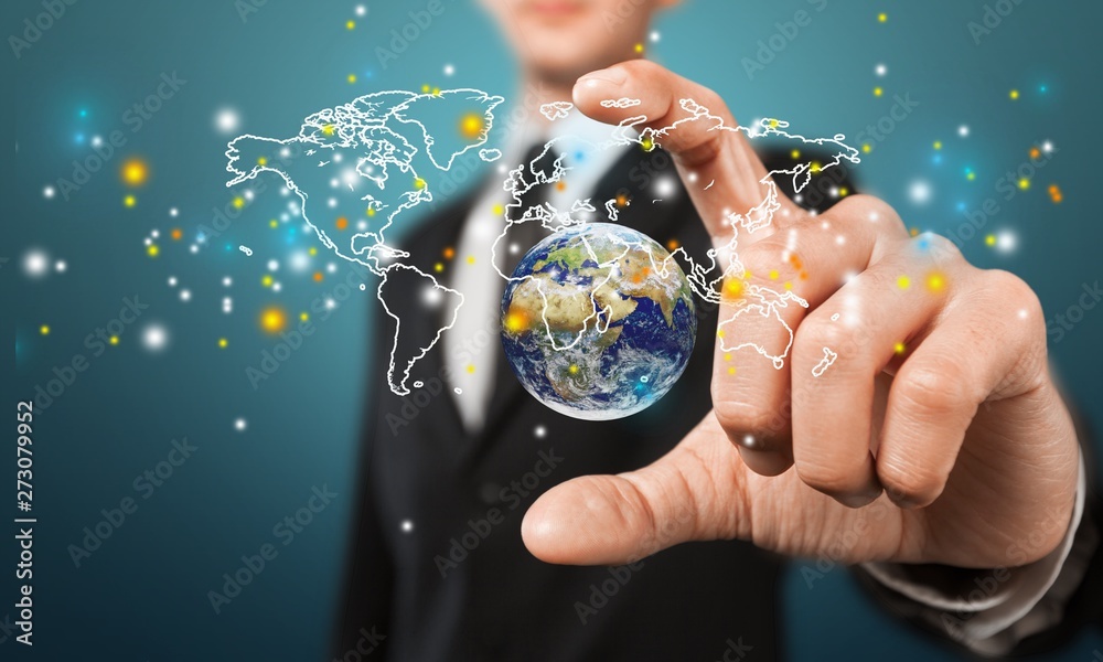 Close up of businessman holding digital globe in palms - obrazy, fototapety, plakaty 