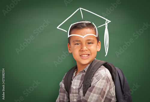 Young Hispanic Student Boy Wearing Backpack Front Of Blackboard with Graduati...