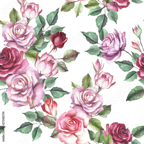 Seamless pattern with roses. Hand draw watercolor illustration.