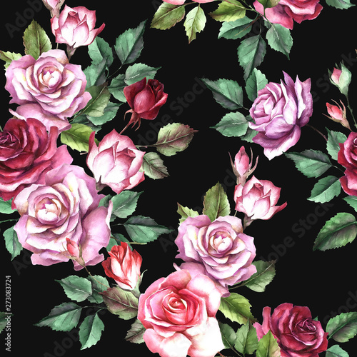 Seamless pattern with roses. Hand draw watercolor illustration.