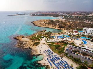 Top view of the city of Cyprus and the city of Ayia NAPA. Air view of the resort Mediterranean coastal city.