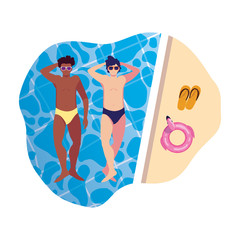 Poster - interracial men with swimsuit floating in pool