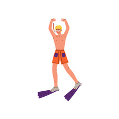 Sticker - Male Diver with Scuba and Flippers, Young Man Enjoying Summer Vacation Vector Illustration