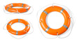 Set of orange lifebuoy rings on white background