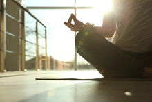 Young Woman Practicing Yoga In Sunlit Room, Closeup With Space For Text