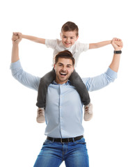 Sticker - Portrait of dad playing with his son isolated on white