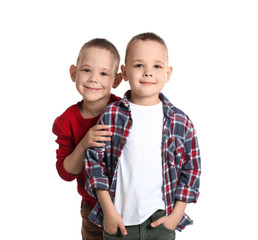 Wall Mural - Portrait of cute twin brothers on white background