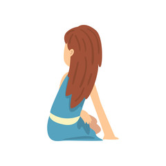 Sticker - Cute Long Haired Girl in Blue Dress Sitting on Floor and Listening, Little Preschool Kid Character, View From Behind Vector Illustration