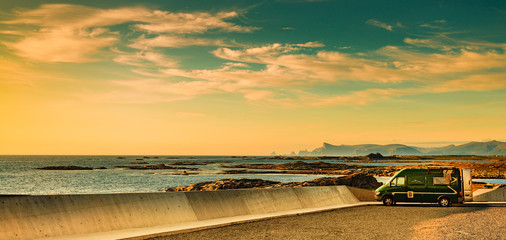 Canvas Print - Sea coast and camper car, Andoya island Norway