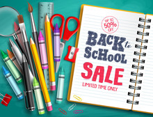 Back To School Sale Vector Banner Design With School Supplies, Education Elements And Back To School Discount Text In White Paper. Vector Illustration. 
