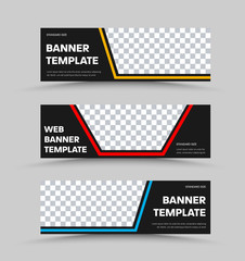Poster - Set of black vector horizontal web banners with place for photo and color stroke.