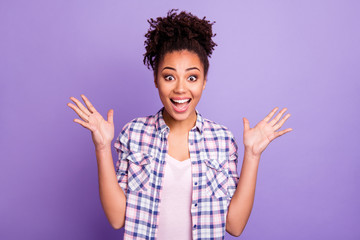 Portrait of her she nice charming cute attractive winsome lovable cheerful cheery optimistic wavy-haired girl in checked shirt showing excitement isolated over violet purple pastel background