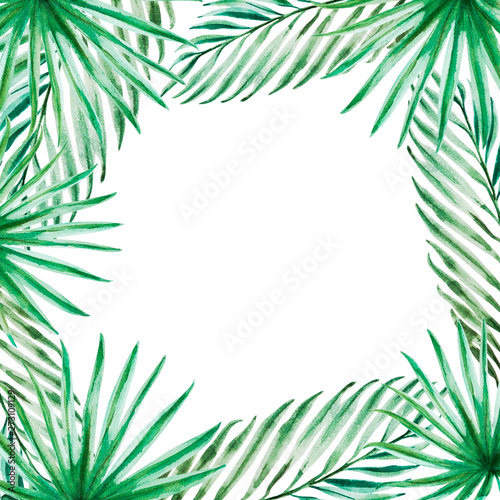 Beautiful tropical leaves frame. Palm. Watercolor painting. Exotic plant. Nat...