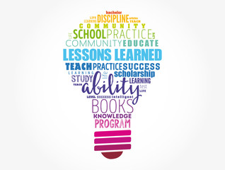 Wall Mural - lessons learned light bulb word cloud collage, education concept background