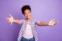 Portrait Of Funny Cute Charming Friendly Lady Cuddle Friend Feel Excited Enjoy Content Glad Want See Him Her Dressed Checked Shirts Isolated On Purple Background