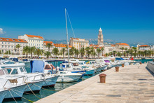 Boats And Yachts In Marina Of Split, Croatia, Largest City Of The Region Of Dalmatia And Popular Touristic Destination, Beautiful Seascape