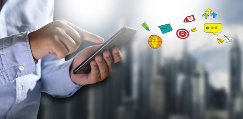 Poster - Social media,social network concept with smart phone  man phone with social media network diagram