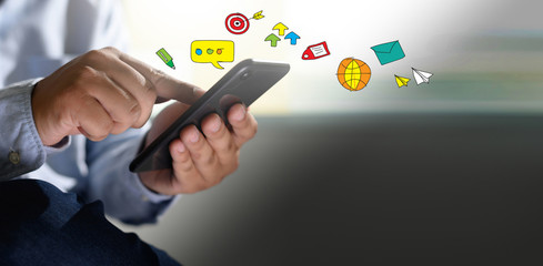 Poster - Social media,social network concept with smart phone  man phone with social media network diagram