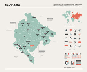  Vector map of Montenegro. Country map with division, cities and capital Podgorica. Political map,  world map, infographic elements.