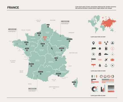 Wall Mural - Vector map of France. Country map with division, cities and capital Paris. Political map,  world map, infographic elements.