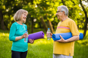 Happy senior couple is ready for exercising in park.