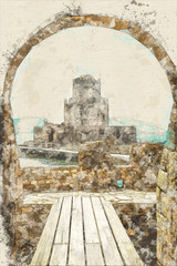 Wall Mural - Vintage sketch postcard of The Methoni Venetian Fortress in the Peloponnese, Messenia, Greece.