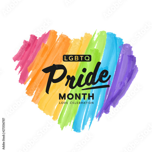 Cuadros en Lienzo LGBTQ pride month banner text on colorful rainbow Heart Paint brush style vector