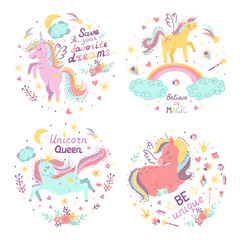 Wall Mural - Set of fantasy postets with cute unicorns.