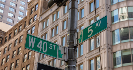 Fototapete - 5th ave and W40 corner. Green color street signs, Manhattan New York downtown