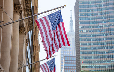 Fototapete - American flag, Manhattan downtown, blur Empire state building on the background