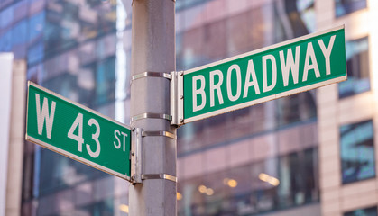 Fototapete - Broadway and W43 corner. Green color street signs, Manhattan New York downtown