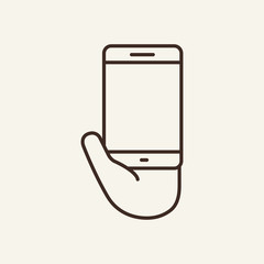 Canvas Print - Hand holding smartphone line icon. Web app, smartphone, hand gesture. Touchscreen concept. Vector illustration can be used for topics like interface, mobile phone, technologies