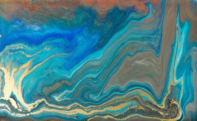 Wall Mural - Blue marbling pattern. Golden marble liquid texture.