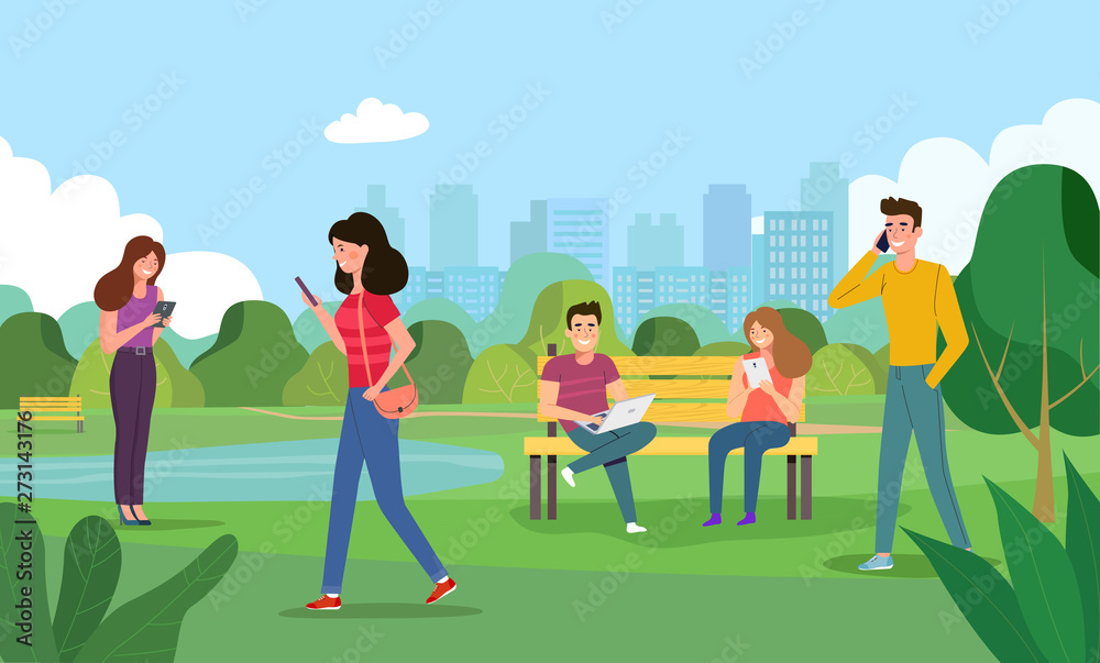 Summertime flat vector illustration. People look at gadgets in the park ...