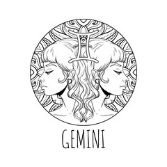 gemini zodiac sign artwork, adult coloring book page, beautiful horoscope symbol girl, vector illust