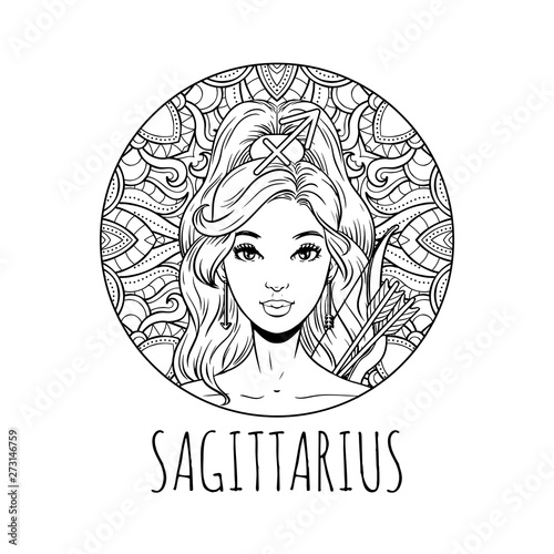 Download Sagittarius Zodiac Sign Artwork Adult Coloring Book Page Beautiful Horoscope Symbol Girl Vector Illustration Stock Vector Adobe Stock