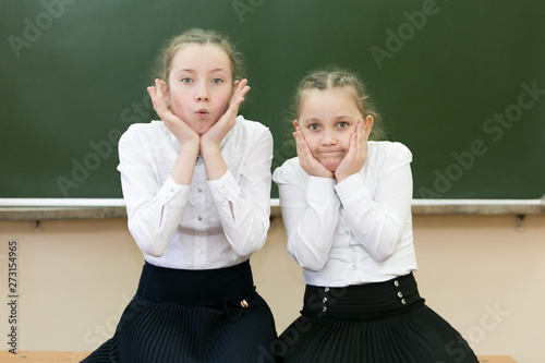 Teen Girls Laugh On The Background Of The School Board Schoolgirls Girlfriends Having Fun In The Classroom Of The School At Recess Make Funny Faces On Their Faces Stock Photo Adobe