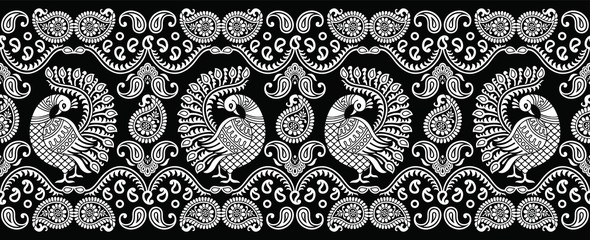 Wall Mural - Seamless traditional indian black and white peacock border