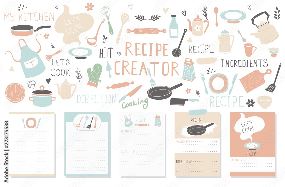 Modern Recipe card template set for cookbook. Menu Creator Vector Illustration. - obrazy, fototapety, plakaty 