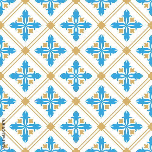 Vector seamless Pattern. Ornament in gold and blue colors.