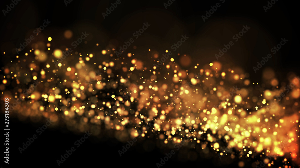 gold particles glisten in the air, gold sparkles in a viscous fluid have the effect of advection with depth of field and bokeh. 3d render. cloud of particles. 126 - obrazy, fototapety, plakaty 