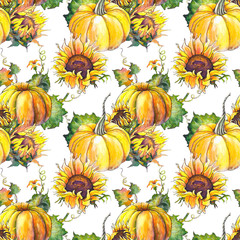 Wall Mural - Seamless pattern with pumpkins, sunflowers and leaves. Watercolor illustration on white background.