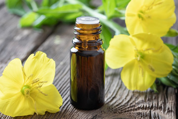 A bottle of evening primrose oil with fresh blooming evening primrose