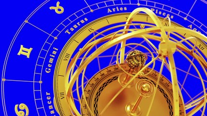 Wall Mural - zodiac signs and armillary sphere on blue screen. seamless looped. 3d animation.
