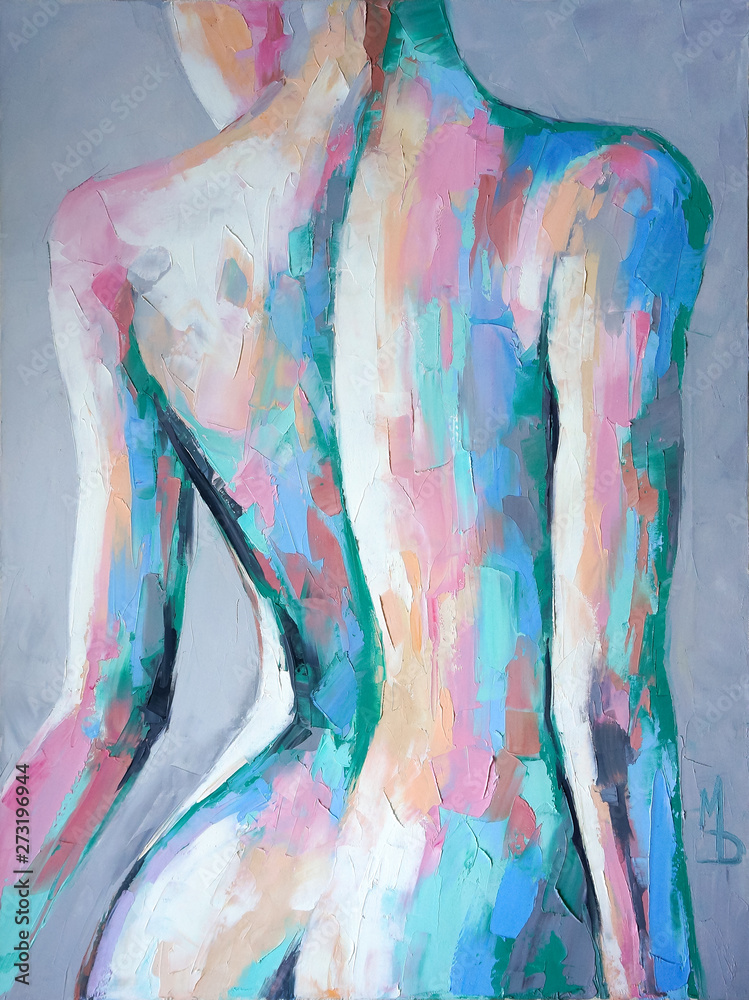 "Nymph" - oil painting. Conceptual abstract painting of a girl's beautiful body. - obrazy, fototapety, plakaty 