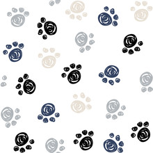 Seamless Pattern With Doodle Dog Paws. Black Color Animal Print. Vector Background.