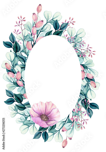 Watercolor Frame with Flower and Foliage