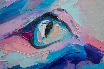 Oil cat portrait painting in moon tones. Conceptual abstract painting of a cat muzzle. Closeup of a painting by oil and palette knife on canvas.